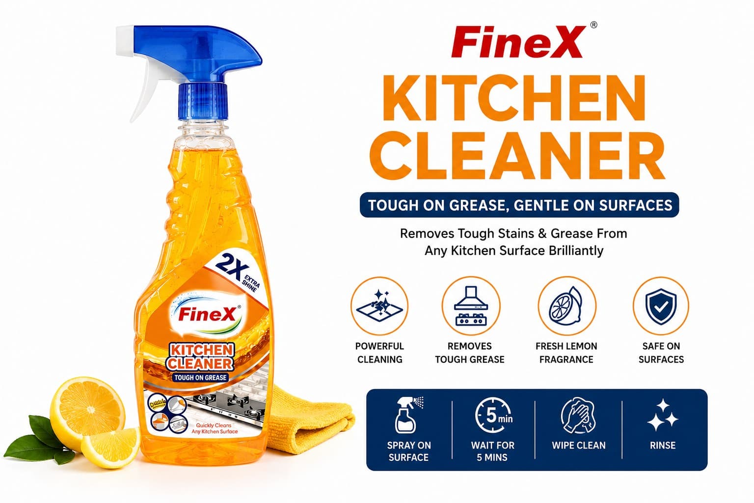 FineX Kitchen Cleaner Spray for Kitchen Cleaning | Removes Oil, Grease & Tough Stains | Multipurpose Kitchen Surface Cleaner
