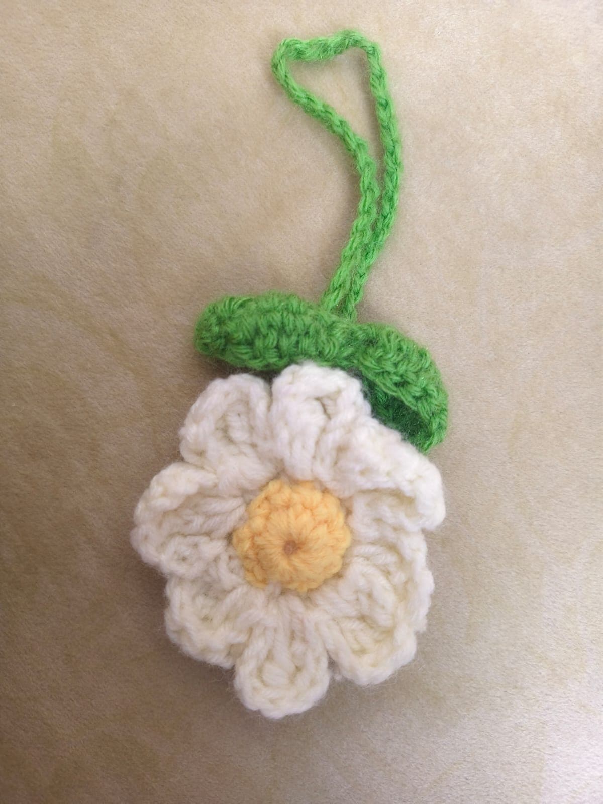 Handmade Crochet Daisy Flower Hanging Charm - White & Yellow with LeafProduct