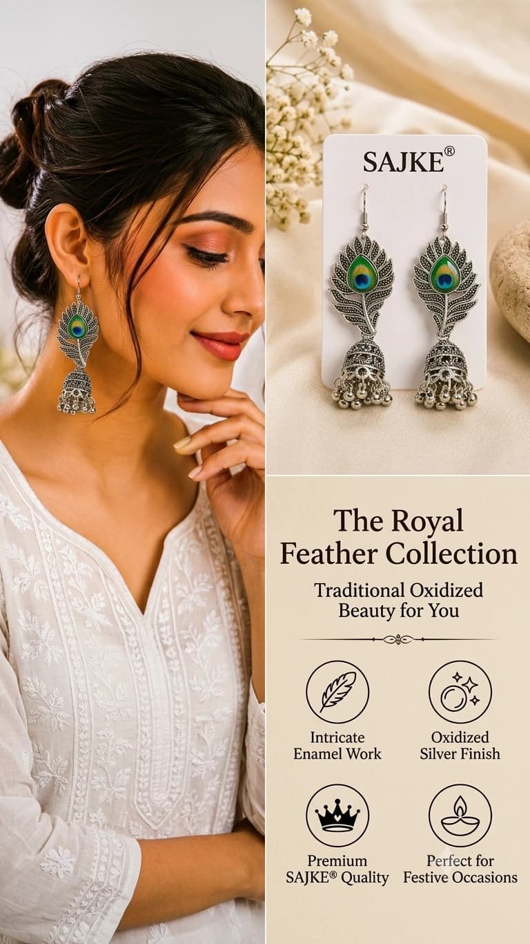 Oxidized Silver Peacock Jhumka Earrings for Women & Girls | Traditional Meenakari Peacock Feather Drop Jhumki | Festive & Ethnic Jewellery