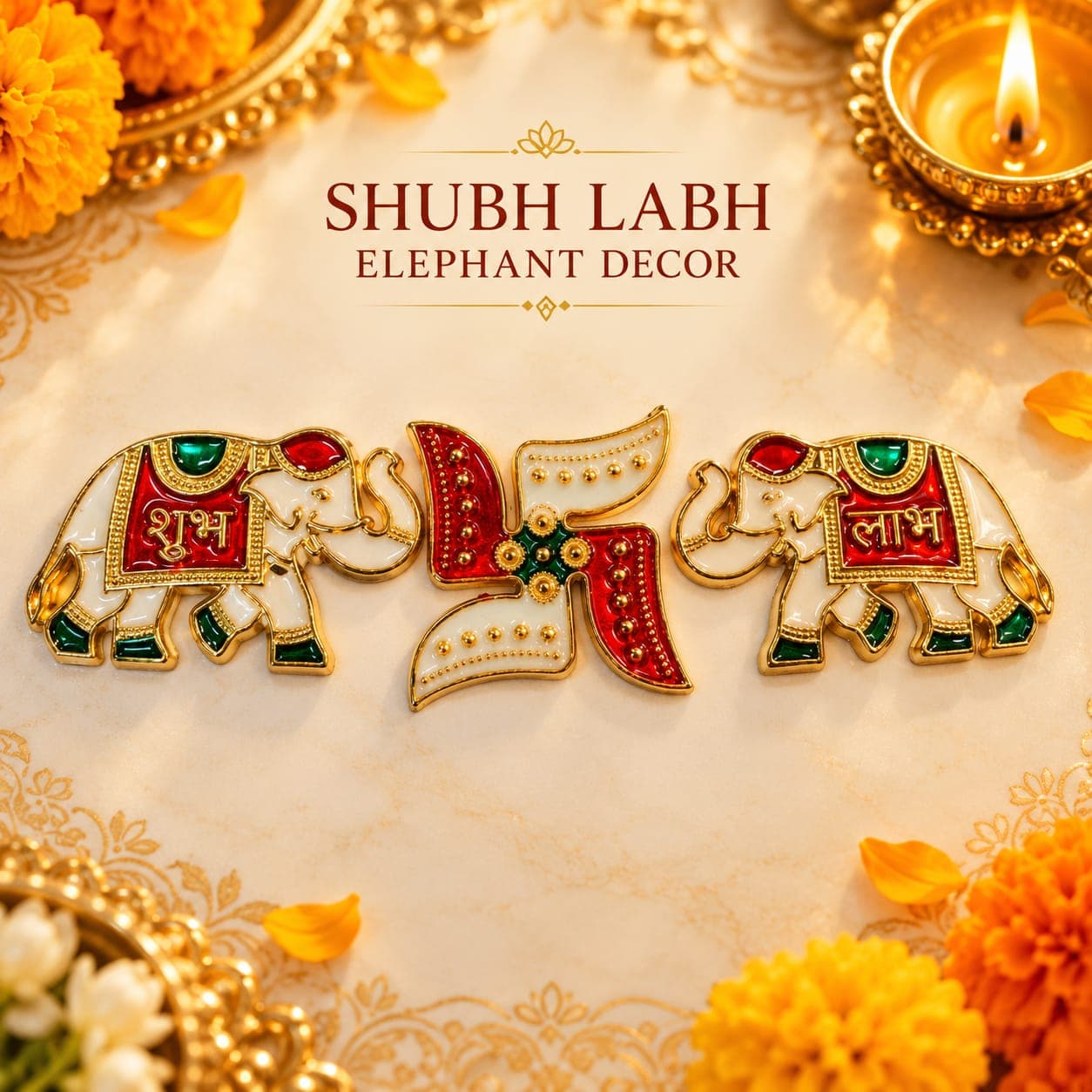Shubh Labh Elephant Swastik Set (White)