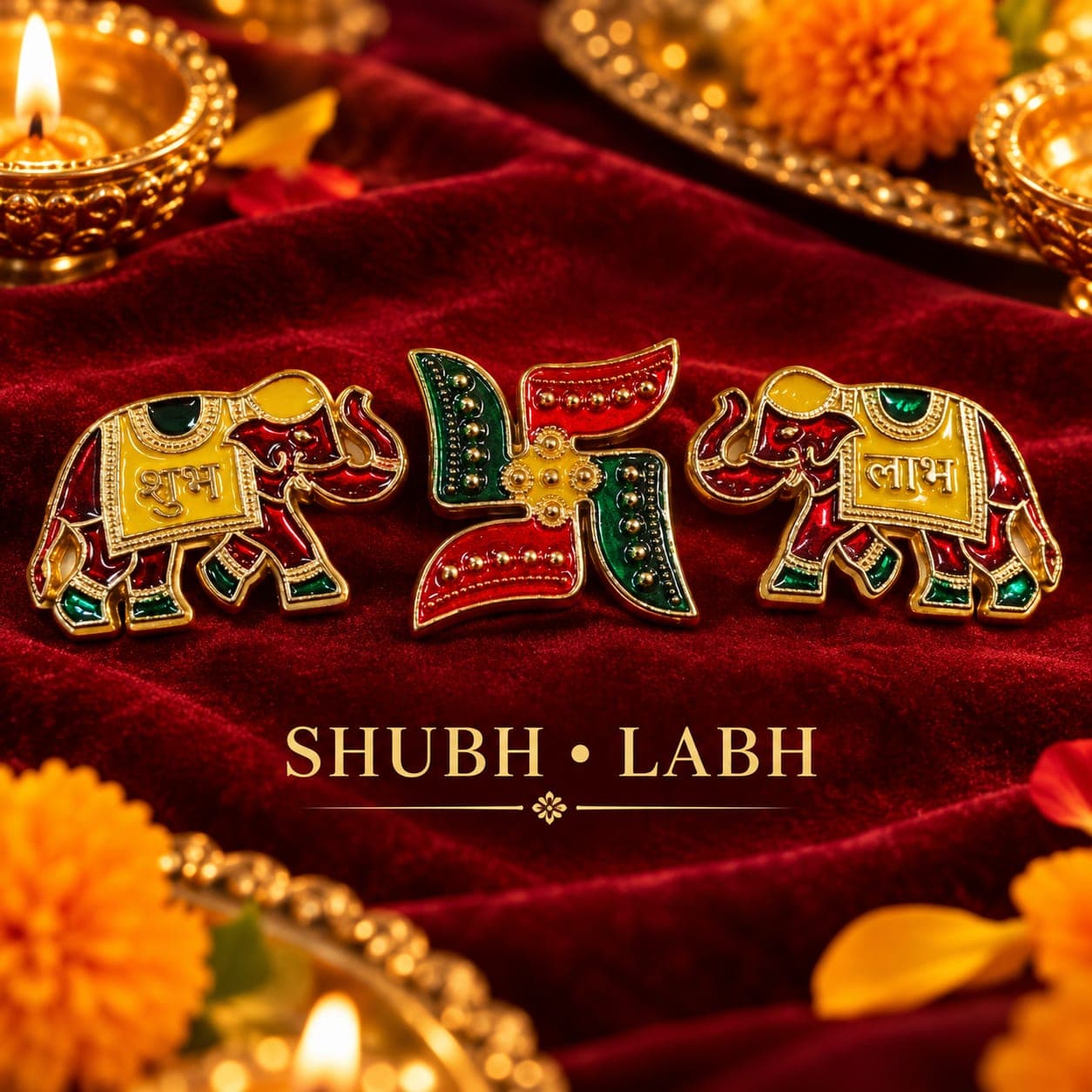 Shubh Labh Elephant Swastik Set (Red-Green)
