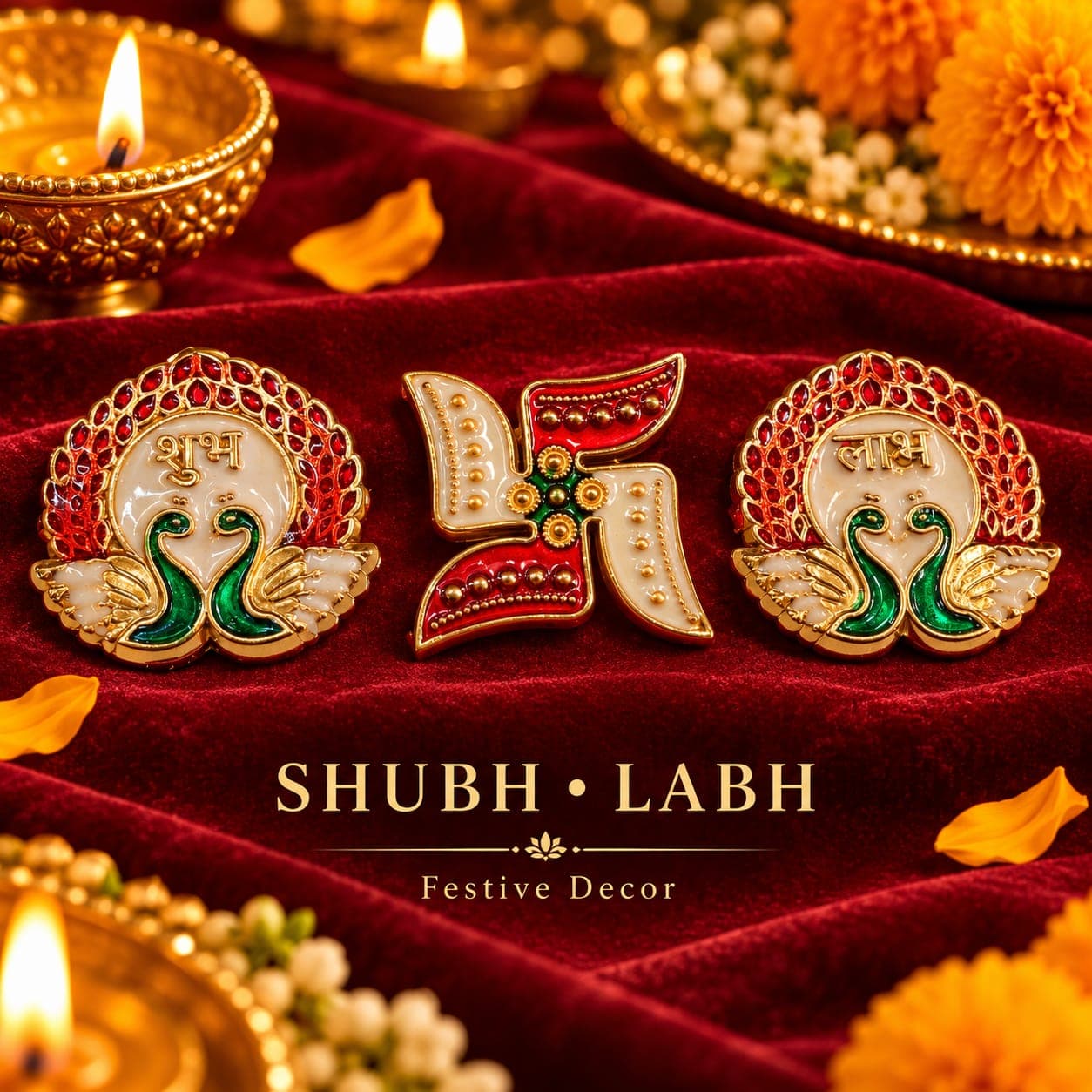 Shubh Labh Swan Swastik Set (White-Red)