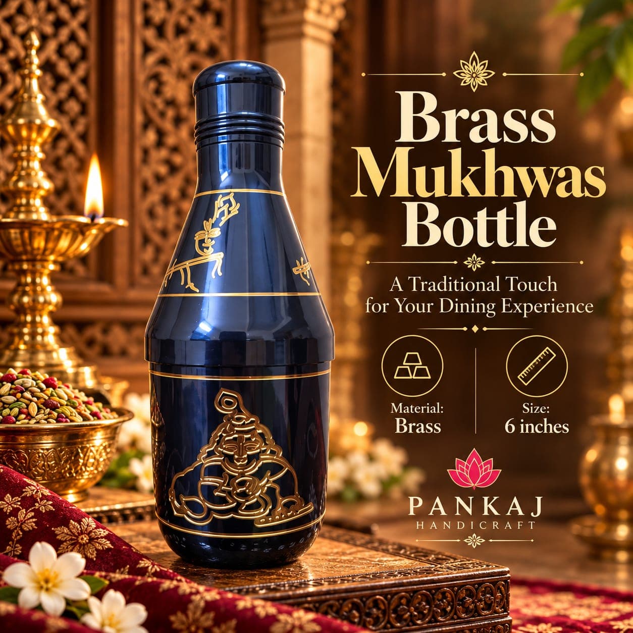 Brass Mukhwas Bottle - Krishna Design (Dark Blue, 6 Inch)