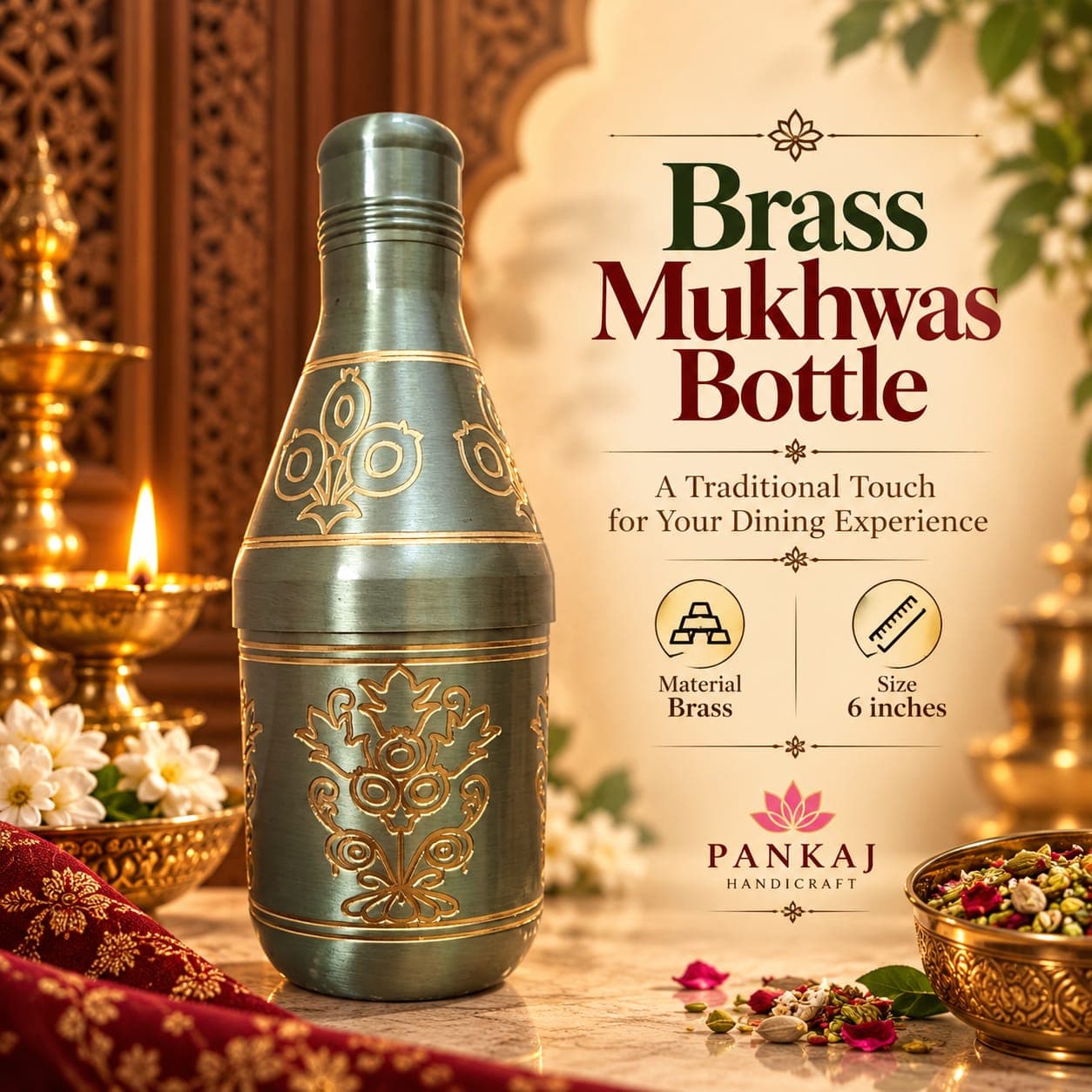 Brass Mukhwas Bottle - Floral Design (Silver Grey, 6 Inch)