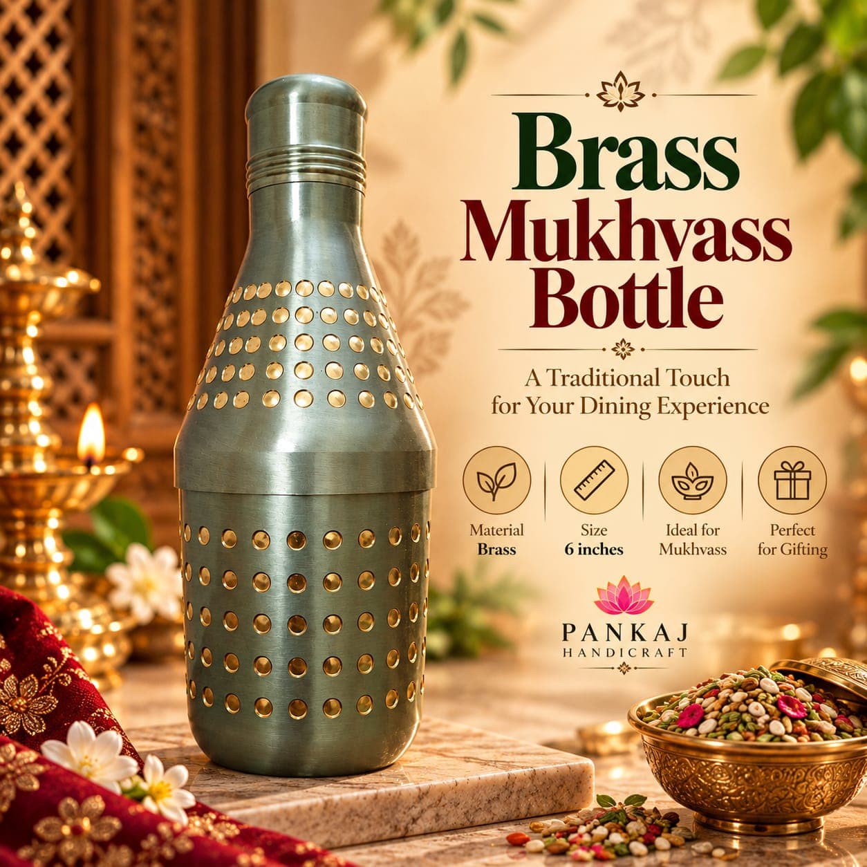 Brass Mukhwas Bottle - Dotted Design (Silver Grey, 6 Inch)