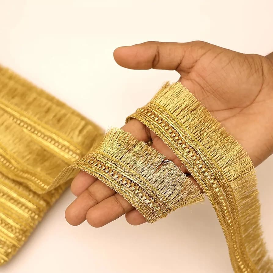 Gold Fringe Lace Trim - 2 Inch Zari Tassel Border For Sarees, Dupattas And Lehengas