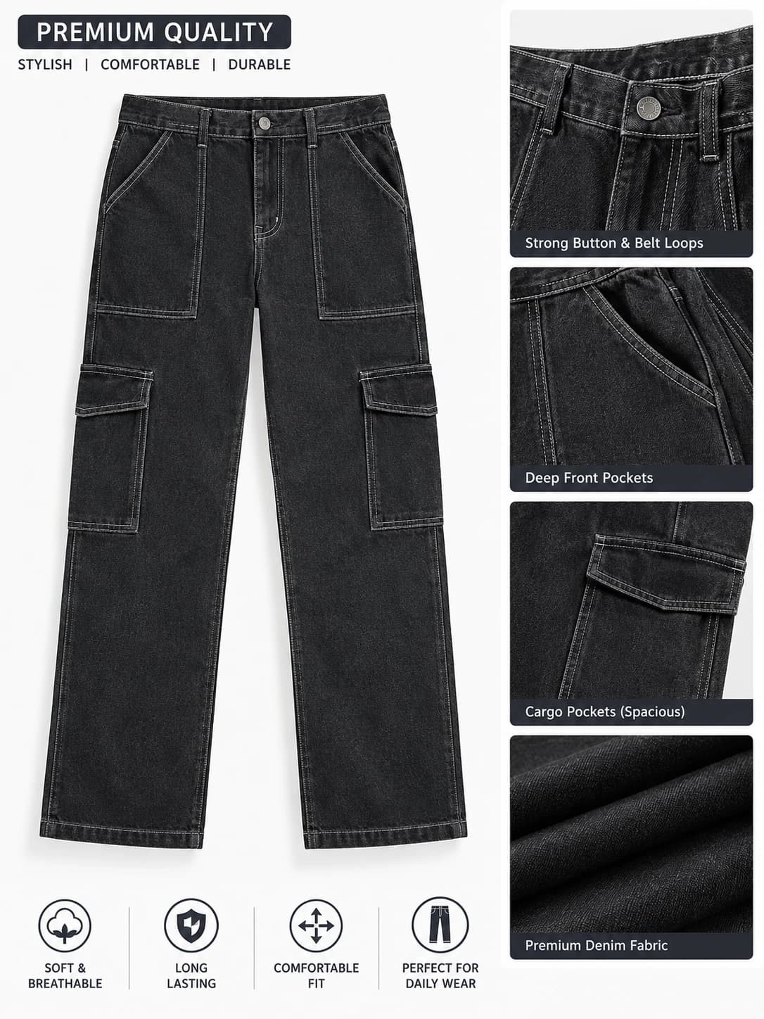 Men's Black Denim Cargo Jeans | Multi-Pocket Loose Fit Pants