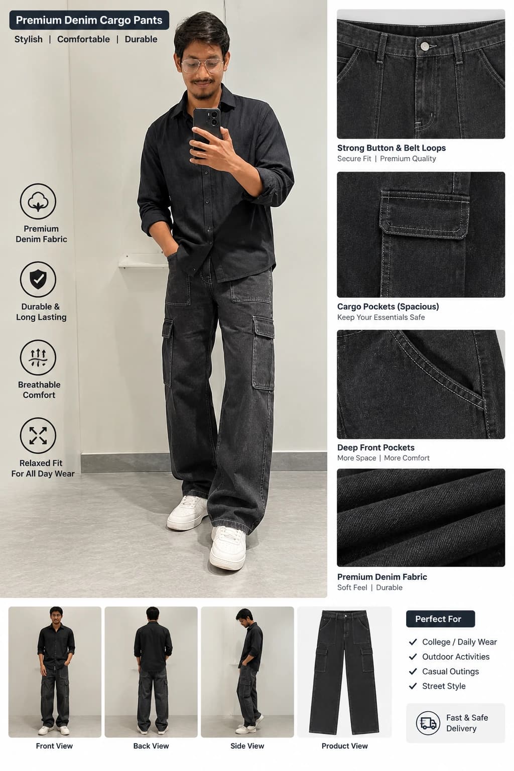 Men's Black Cargo Denim Jeans π
