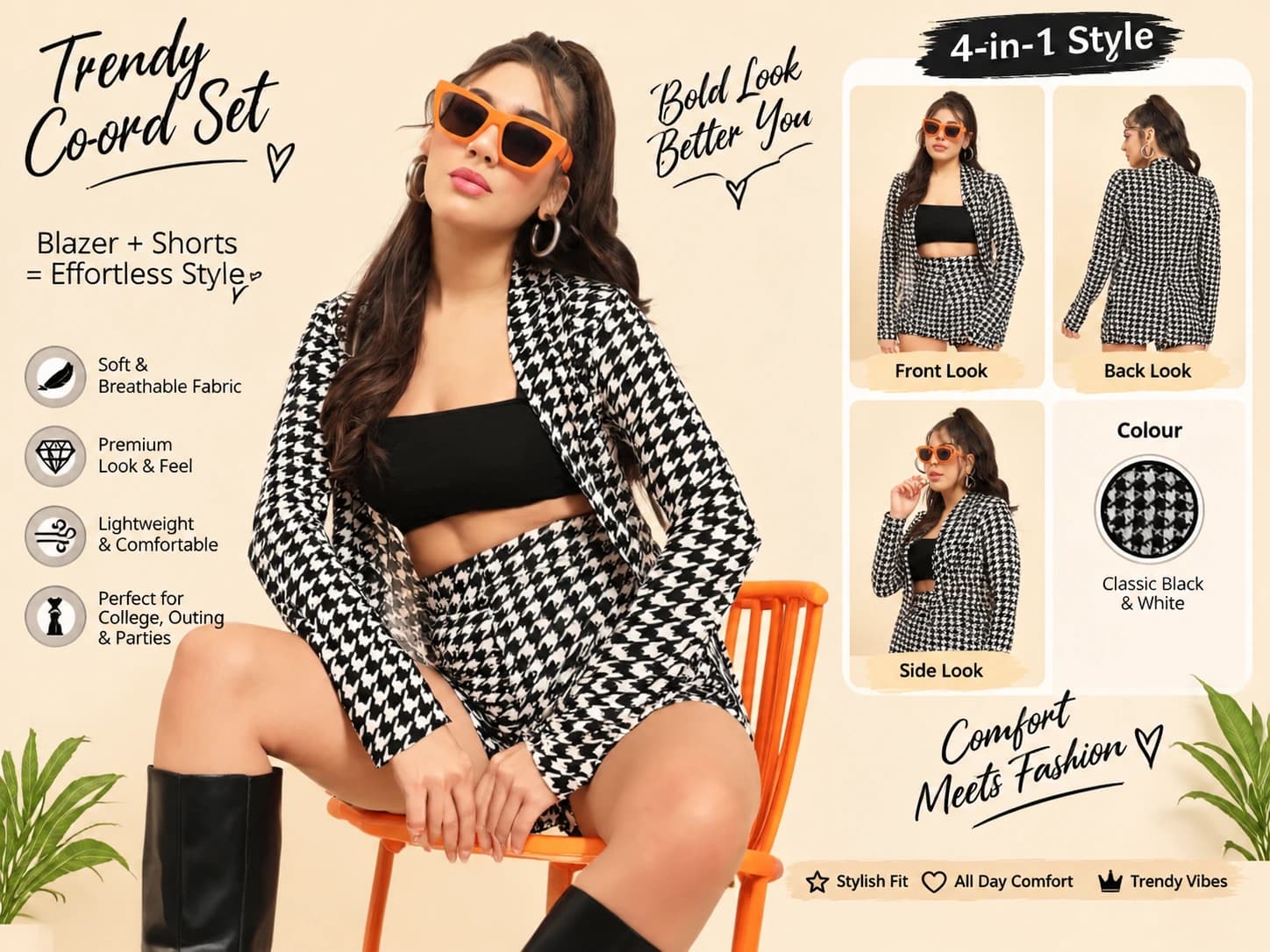 ROYAL Women’s Black & White Printed Blazer Shorts Co-Ord Set